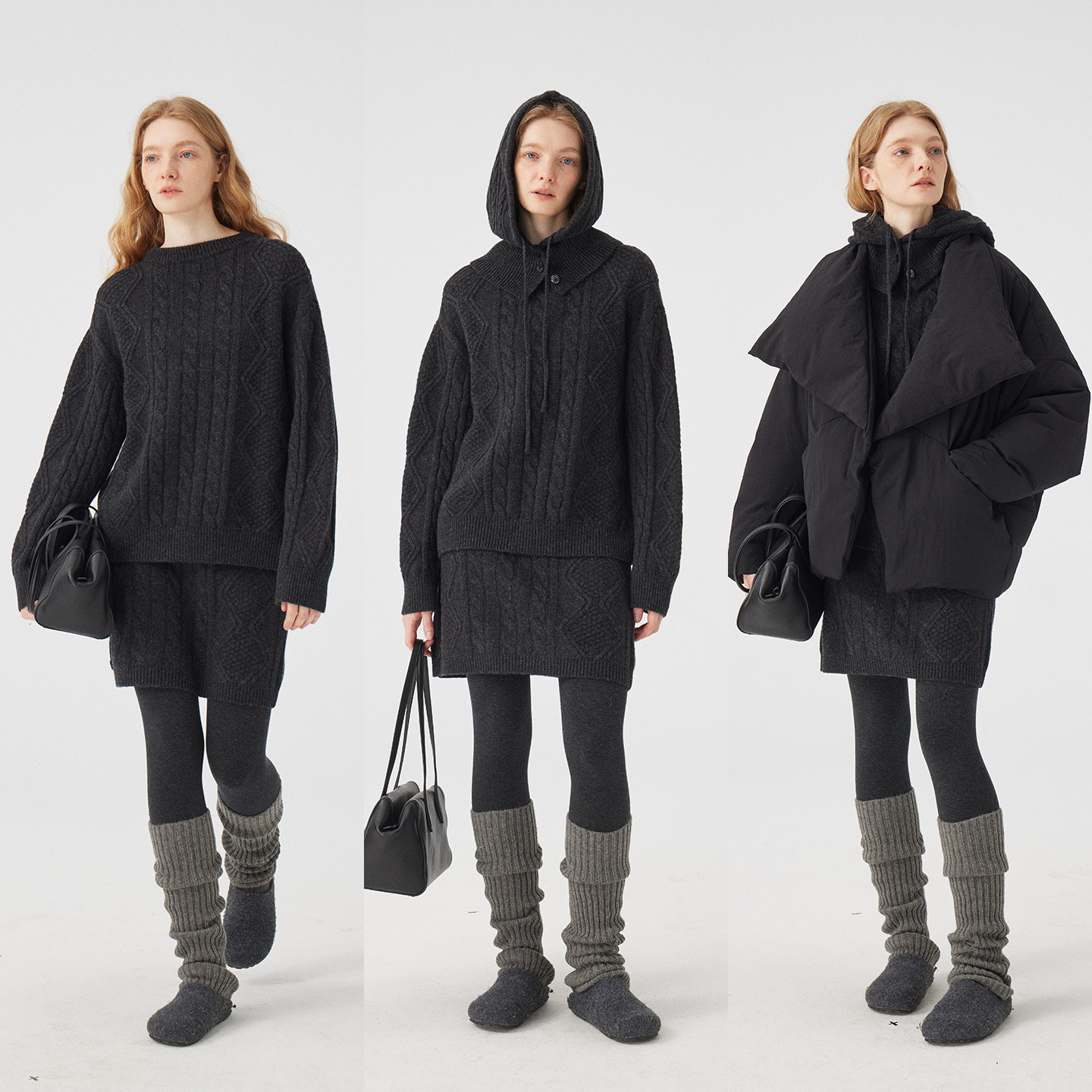 3ONE老钱风立体绞花绵羊毛松弛圆领/直身半裙毛衣套装女松弛感,淘宝优惠券,粉丝福利购,淘宝优惠卷