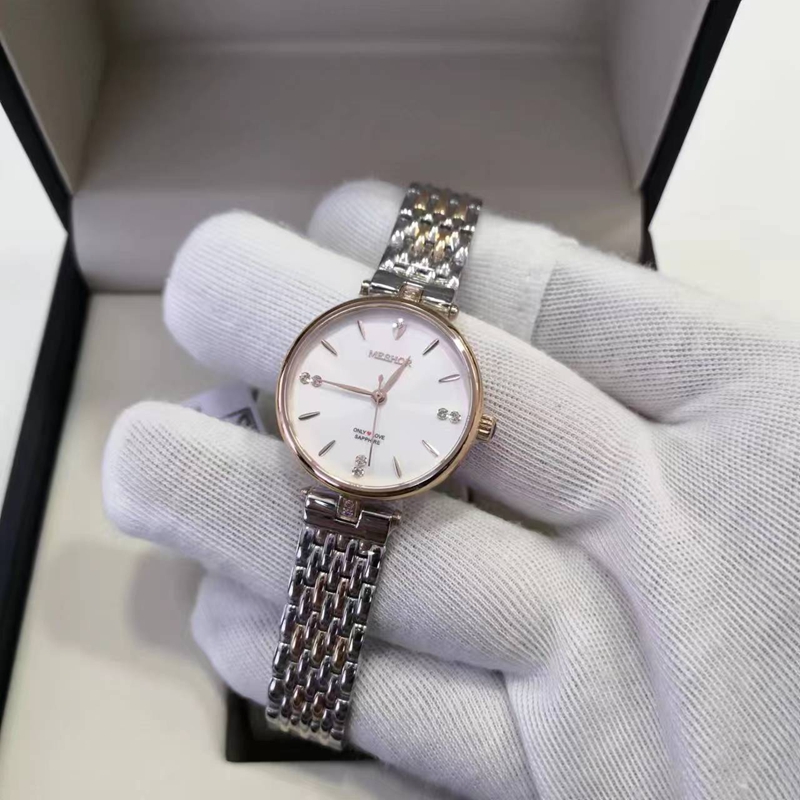 meshor7063精致小表盘石英表女优雅时尚百搭防水表精钢表带蓝色表 - 图1