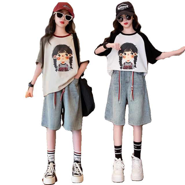 ຊຸດ denim ເດັກຍິງ summer ຊຸດ pants ແຂນສັ້ນສອງສິ້ນ