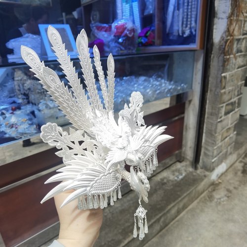 少数民族头饰苗族侗族水族新款凤凰孔雀头饰白铜镀银凤凰 - 图0