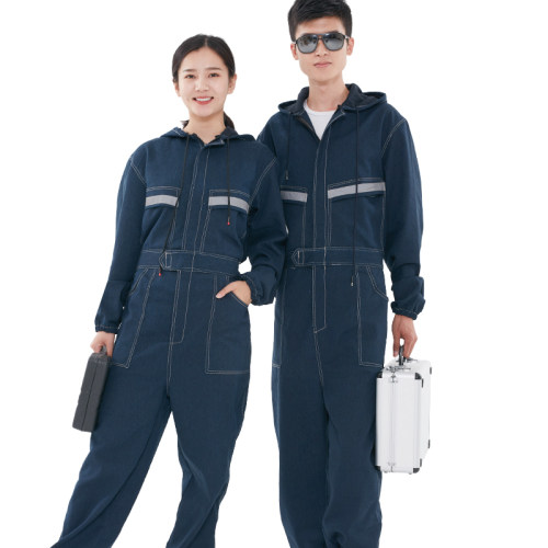 牛仔反光条连体工作服套装男电焊工喷漆汽机修防尘工装长袖劳保服 - 图0