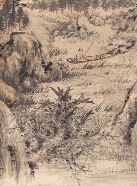 石涛 幽溪垂钓图 山水国画 挂轴装裱 墙面装饰 纸本绢布 微喷复制