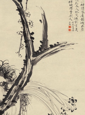 石涛梅石水仙图国画立轴微喷复制