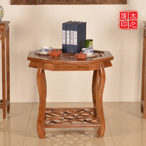 八角桌五件套餐桌椅子茶桌5件实木八角桌镂空雕刻桌子配三角椅凳 - 图1