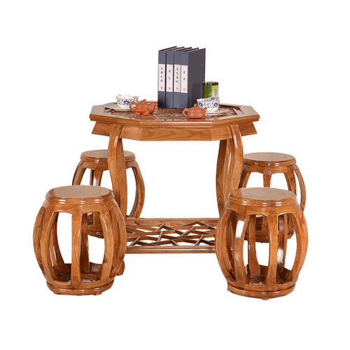 八角桌五件套餐桌椅子茶桌5件实木八角桌镂空雕刻桌子配三角椅凳 - 图3