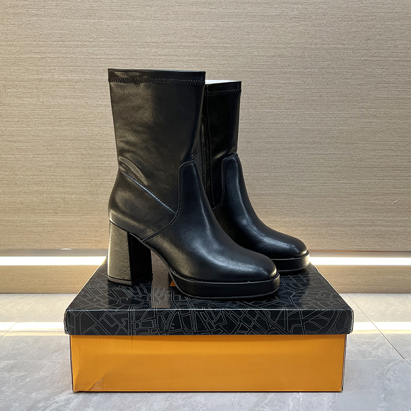 俄罗斯~真皮高跟短靴2025秋冬新款外贸漆皮粗跟防水台增高瘦瘦靴 - 图2