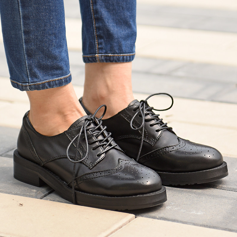 潘暇新款单鞋女厚底深口系带复古风小皮鞋 粗跟真皮大码女鞋41-43,淘宝优惠券,粉丝福利购,淘宝优惠卷