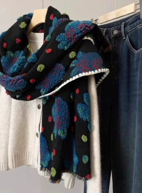 仿羊绒波点花朵刺绣保暖围巾披肩