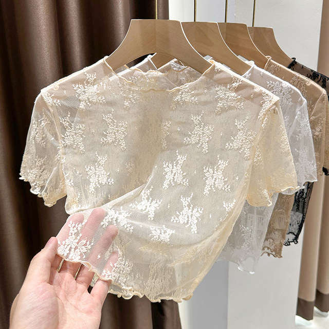 ເສື້ອຍືດແຂນສັ້ນ ແຂນສັ້ນ lace lace top hollow ຂອງແມ່ຍິງ