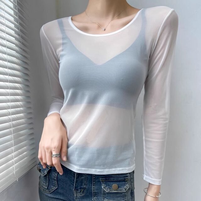 超薄防晒网纱打底衫女透明纱衣