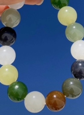 新疆和田玉圆珠多宝手串 12mm 寓意纳福聚吉