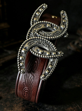 头层植鞣牛皮雕花马蹄扣腰带 美式复古工装风男女通用士百搭皮带