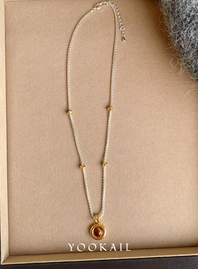 柚卡天然虎眼石圆牌项链女款高级感轻奢小众毛衣链配饰首饰配毛衣