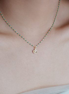 柚卡夏日绿色滴釉仿珍珠纯银贝壳项链女款2024新款高级感轻奢小众