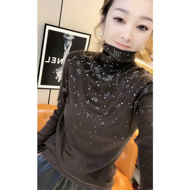 秋冬款修身高领针织衫长袖女欧货重工烫钻内搭毛衣打底衫洋气上衣 - 图2