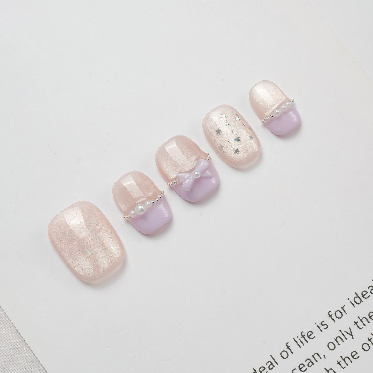 手工穿戴甲裸粉色猫眼法式紫色手绘蝴蝶结穿戴美甲成品指甲贴短款,淘宝优惠券,粉丝福利购,淘宝优惠卷