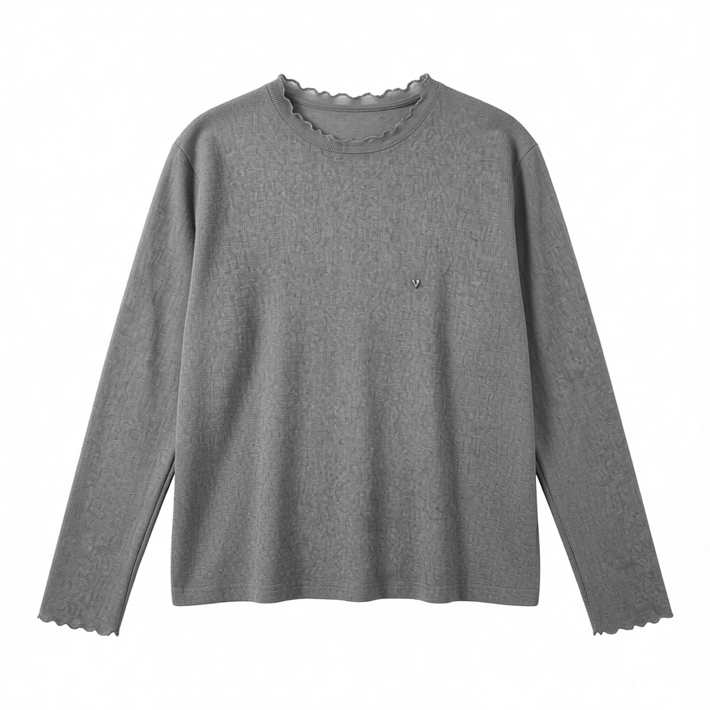 灰色木耳边领口钉珠长袖T恤女2026春季休闲百搭柔软打底衫上衣潮,淘宝优惠券,粉丝福利购,淘宝优惠卷