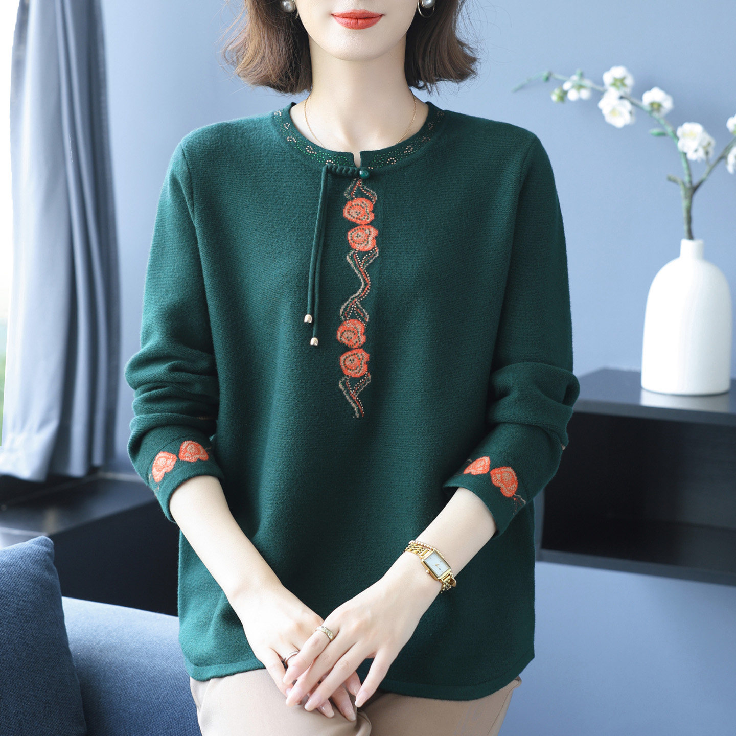 洋气中老年妈妈秋冬新中式羊毛衫加肥加大码女装宽松遮肚羊绒上衣,淘宝优惠券,粉丝福利购,淘宝优惠卷