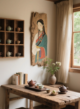侘寂风实木装饰画客厅沙发背景墙挂画民宿酒店餐厅茶室装饰画手绘