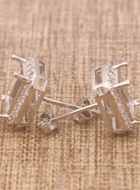 长方形925银戴妃款耳钉空托围锆代裸石镶嵌18k金多规格首饰空托