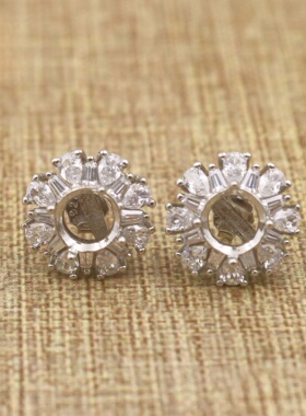 圆形方形心形925银戴妃款耳钉空托围锆代裸石镶嵌18k金首饰空托