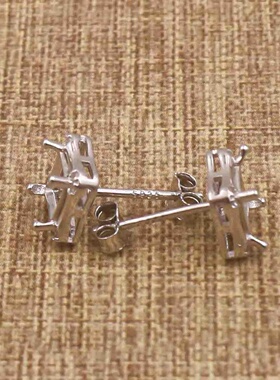 正方形925银戴妃款耳钉空托围锆代裸石镶嵌18k金多规格首饰空托