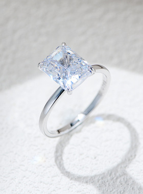 S925纯银4克拉8*10mm冰花切锆石戒指女高品质指环银饰品