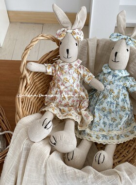 韩系INS风手工布艺兔子玩偶春夏碎花玩偶儿童棉麻布兔子家居摆件