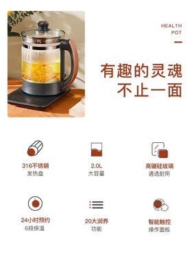 荣事达养生壶玻璃全自动多功能316不锈钢家用2升大容量煮茶煎药壶