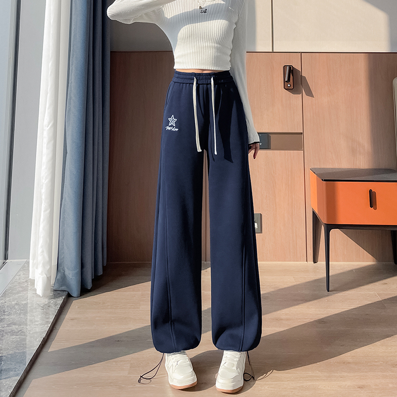 高中初中学生少女加长版裤子高个子秋冬加绒宽松直筒运动休闲卫裤 - 图0