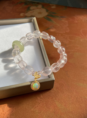 拈花记原创手串 天然莫桑比克粉晶糖豆手链 和田玉 欧泊清新小众