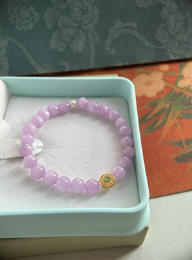 『溪上花』原创天然紫锂辉水晶手串水晶手链 古法银翡翠绿 珍珠