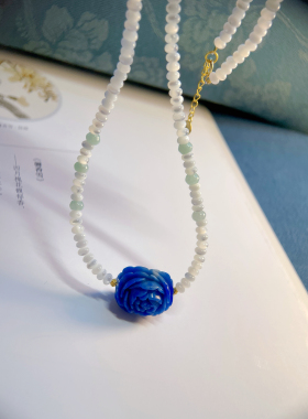 原创款天然青金石牡丹花项链 白蝶贝母项链 古法银