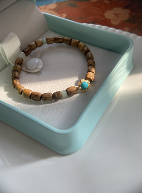 拈花记原创天然沉香木海南沉香手串原矿绿松石古法银 白玉
