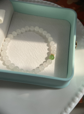 『月白』原创天然青海料手串6mm 冰透润白 碧玉古法银 清晰女礼物
