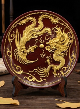 朱砂紫金客厅公司玄关装饰品乔迁工艺品送礼礼品桌面龙凤盘子摆件