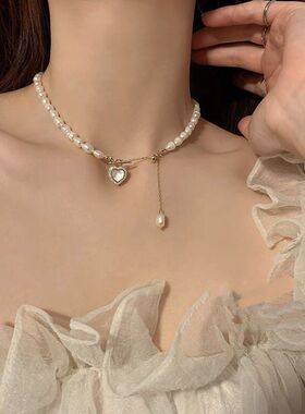 跳动的心~时尚百搭珍珠爱心贝壳流苏项链女轻奢小众高级感锁骨链