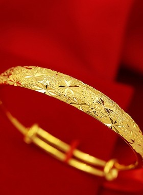 越南沙金手镯女仿真黄金实心可调节推拉女士镯子光面满天星不礼品