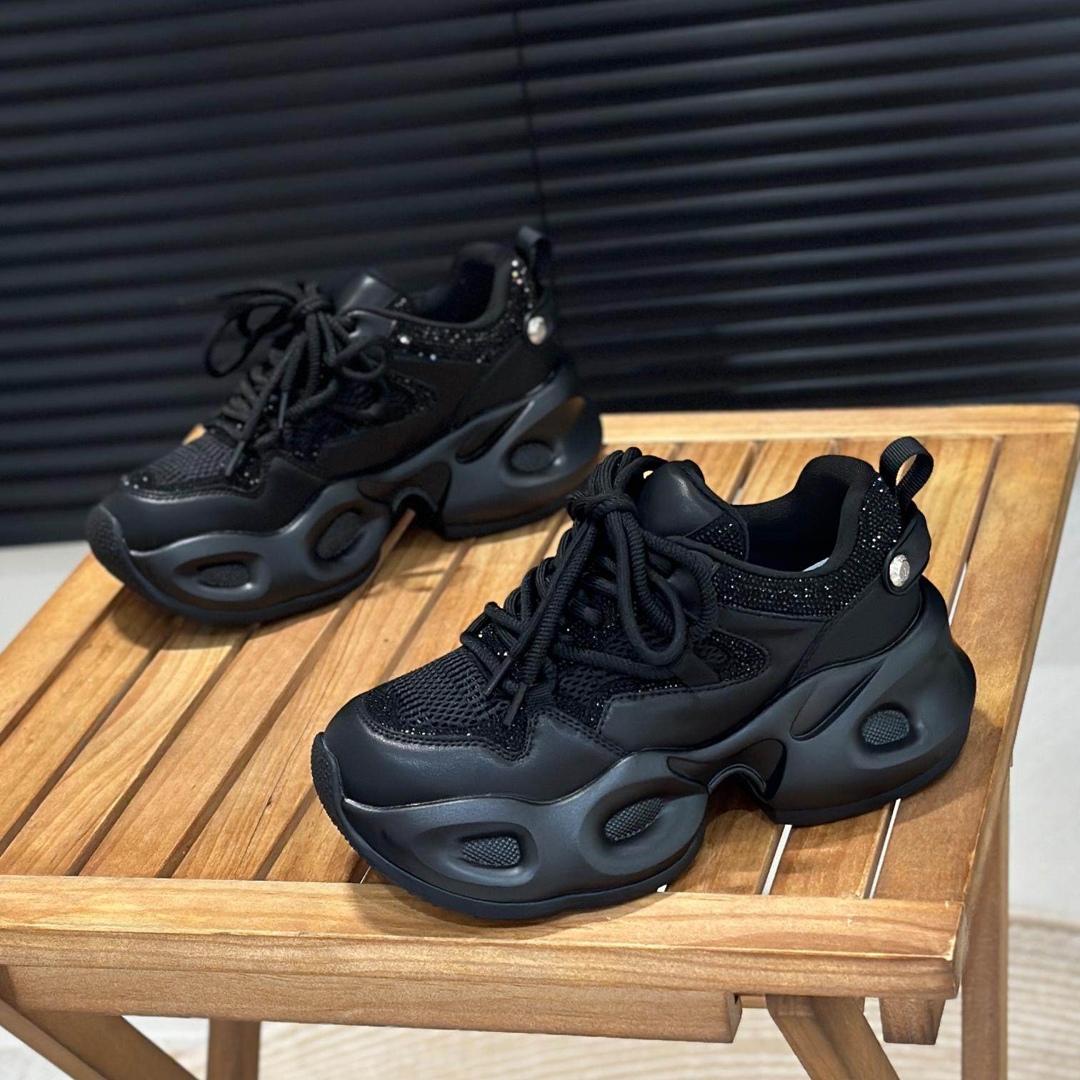 欧洲站水钻黑色真皮老爹鞋女2025新款秋季厚底轻便增高6cm休闲鞋,淘宝优惠券,粉丝福利购,淘宝优惠卷