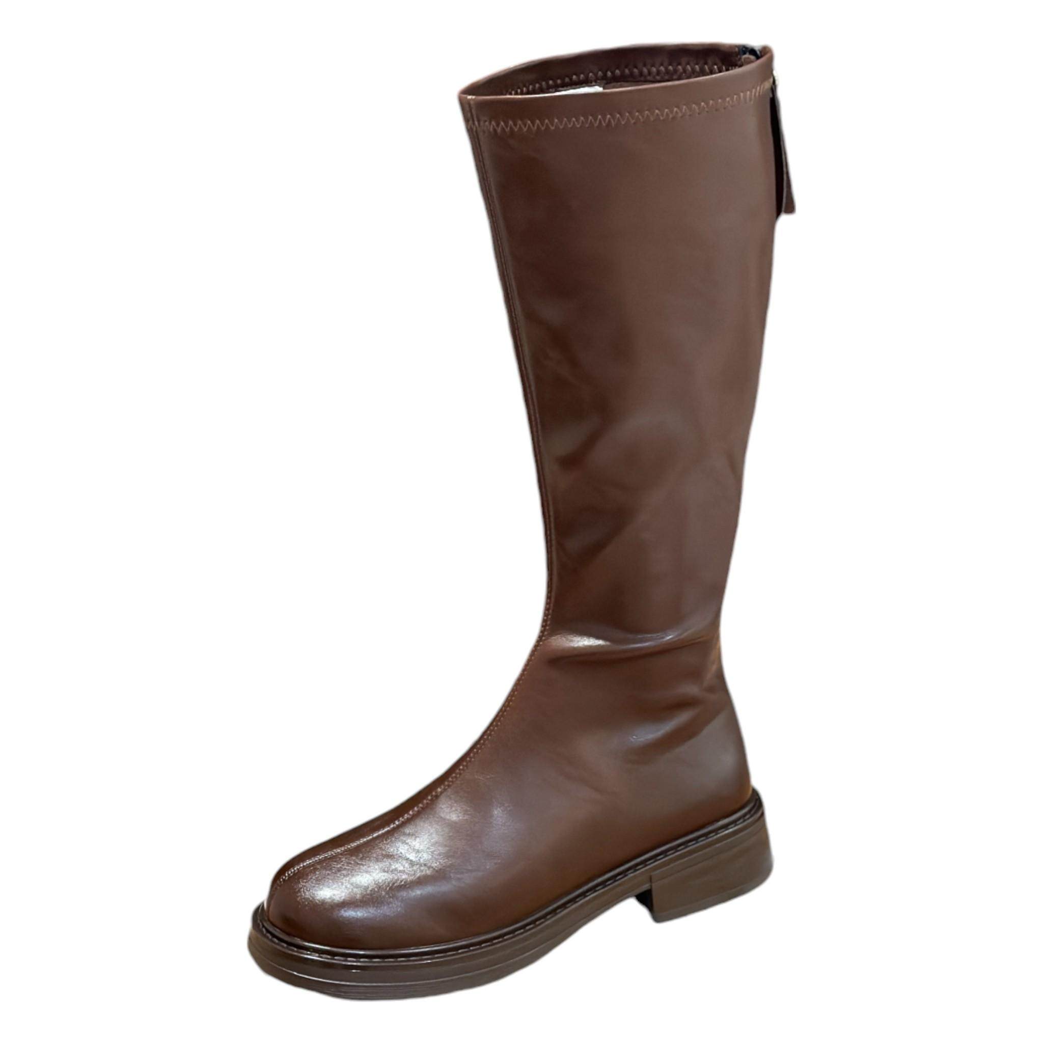 平口弹力长筒靴女不过膝秋冬新款瘦瘦靴子棕色女靴粗跟高筒骑士靴,淘宝优惠券,粉丝福利购,淘宝优惠卷