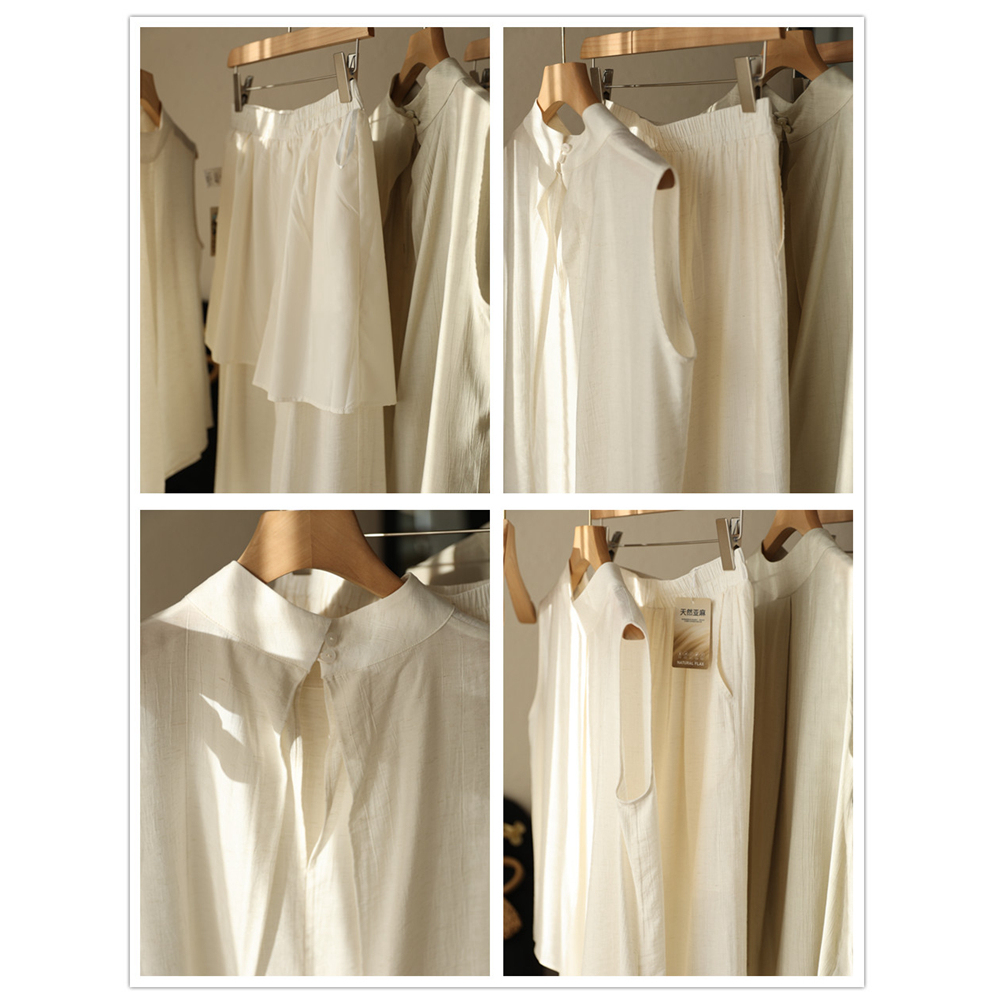 夏日松弛感套装轻熟风无袖上衣人丝亚麻两件套慵懒风松紧腰阔腿裤 - 图2