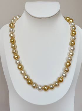 落日熔金高端人造澳白混彩南洋金珠纯银扣法式打结倪妮珍珠项链