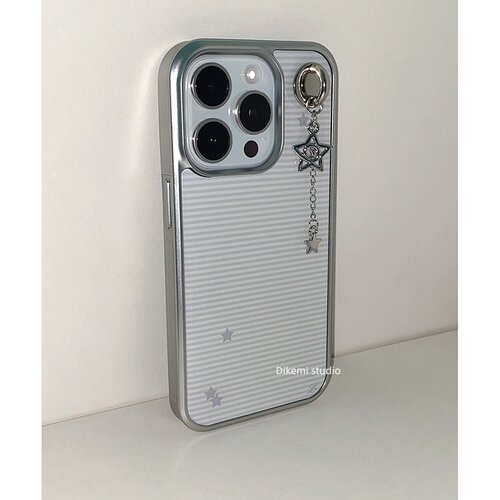 韩国ins小众Y2K冷淡风灰白横纹五角星电镀银边手机壳适用iphone17promax苹果16promax/13/14/15promax保护套 - 图1