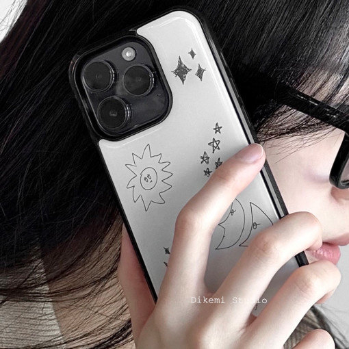 韩国ins小众简约手绘插画月亮星星黑边软壳适用iphone15promax/14promax苹果13/12/11全包16pro手机保护套