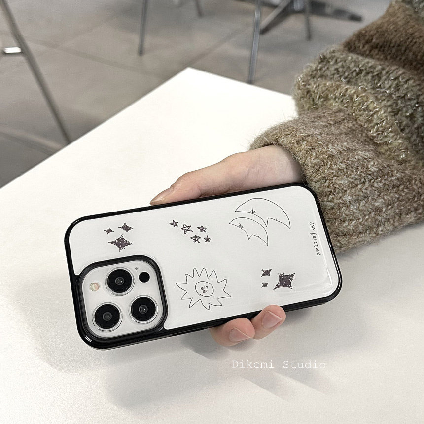 韩国ins小众简约手绘插画月亮星星黑边软壳适用iphone15promax/14promax苹果13/12/11全包16pro手机保护套