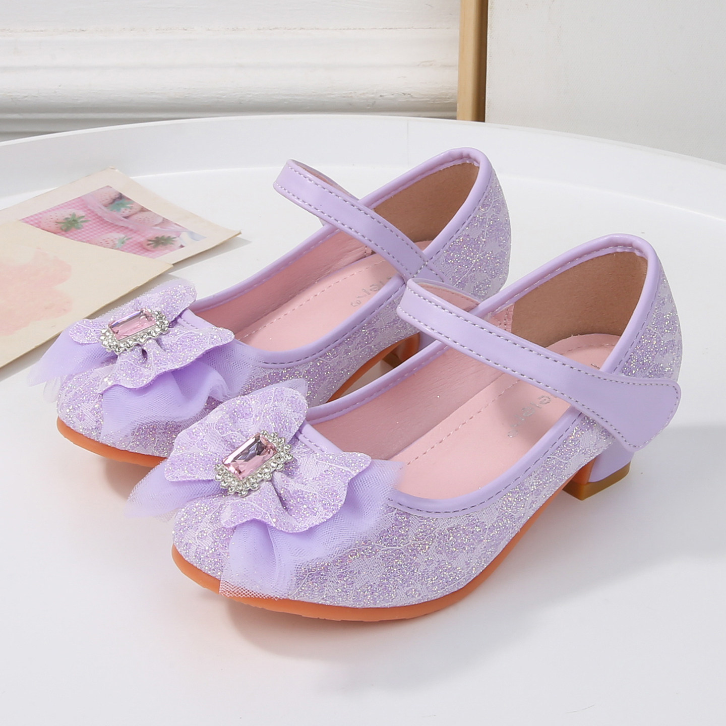 女童紫色蝴蝶结公主鞋魔术贴高跟鞋春秋新款水晶鞋玛丽珍鞋单鞋,淘宝优惠券,粉丝福利购,淘宝优惠卷