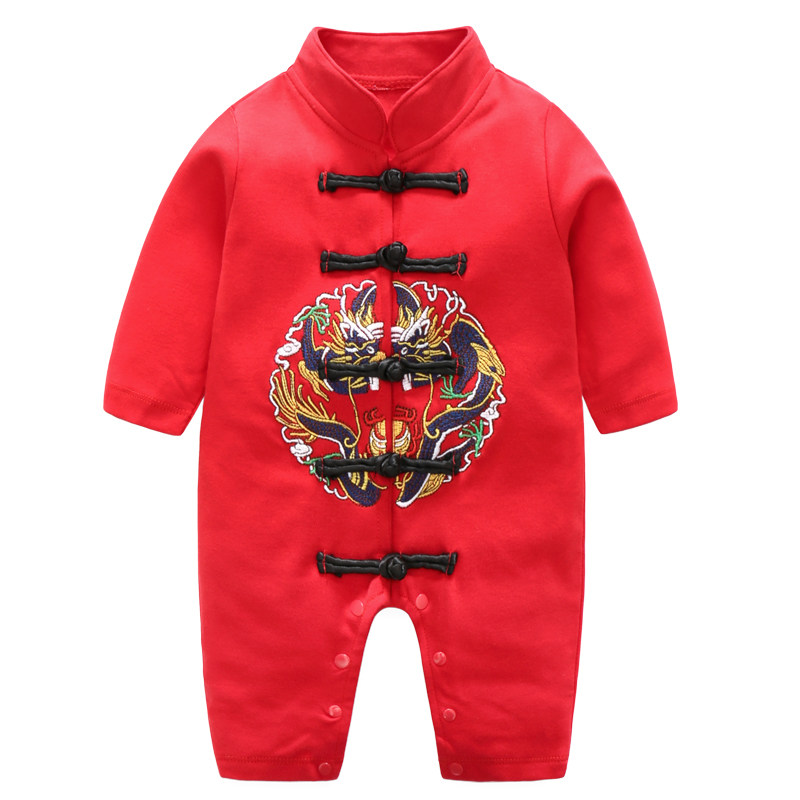 婴儿满月红色衣服纯棉春秋季男宝宝中式唐装新