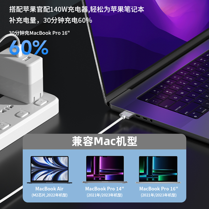 适用苹果mac笔记本m2电脑Macbook新款Air/pro磁吸magsafe3充电器线A2681/A2442/A2485/A2779/A2780电源线140W - 图2