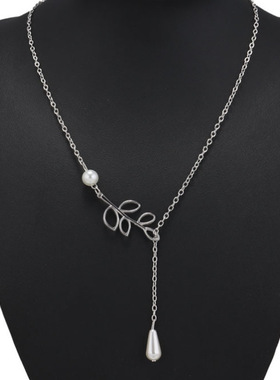 欧美新款风时尚个性树叶仿珍珠水滴项链 锁骨链 女饰品厂家批发