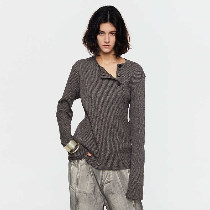 Southstudio打底毛衣男女同款25春上新亨利斜领口灰条纹针织衫 - 图2